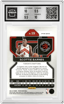 Scottie Barnes from the 2021-22 Panini Prizm  set featuring a Silver Prizm parallel graded by Arena Club and given an overall grade of 10.