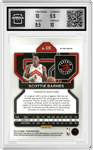 Scottie Barnes from the 2021-22 Panini Prizm  set featuring a Silver Prizm parallel graded by Arena Club and given an overall grade of 10.