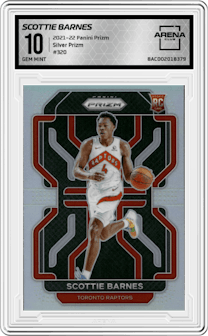 Scottie Barnes from the 2021-22 Panini Prizm  set featuring a Silver Prizm parallel graded by Arena Club and given an overall grade of 10.
