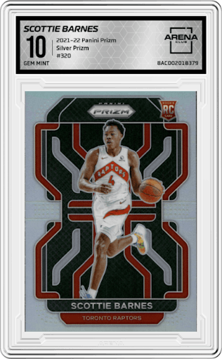 Scottie Barnes from the 2021-22 Panini Prizm  set featuring a Silver Prizm parallel graded by Arena Club and given an overall grade of 10.