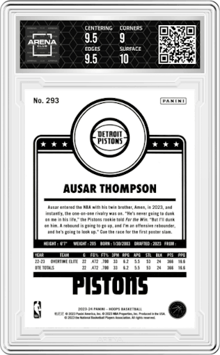 Ausar Thompson from the 2023-24 Panini NBA Hoops set featuring a Purple parallel graded by Arena Club and given an overall grade of 9.5.
