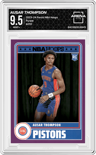 Ausar Thompson from the 2023-24 Panini NBA Hoops set featuring a Purple parallel graded by Arena Club and given an overall grade of 9.5.