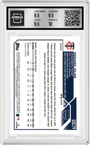 Edouard Julien from the 2023 Topps Chrome Update set featuring a Refractor parallel graded by Arena Club and given an overall grade of 10.