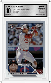 Edouard Julien from the 2023 Topps Chrome Update set featuring a Refractor parallel graded by Arena Club and given an overall grade of 10.