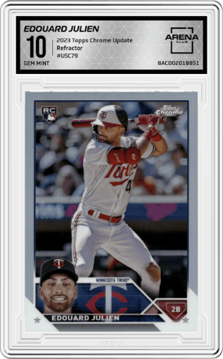 Edouard Julien from the 2023 Topps Chrome Update set featuring a Refractor parallel graded by Arena Club and given an overall grade of 10.
