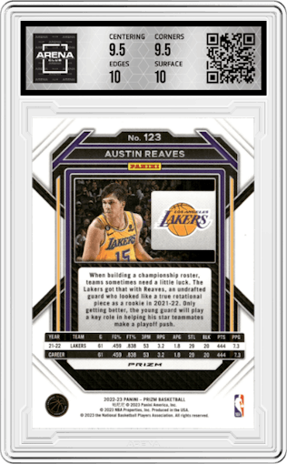 Austin Reaves from the 2022-23 Panini Prizm  set featuring a Green Prizm parallel graded by Arena Club and given an overall grade of 10.