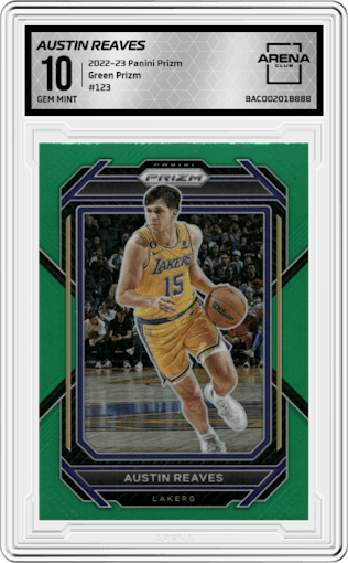 Austin Reaves from the 2022-23 Panini Prizm  set featuring a Green Prizm parallel graded by Arena Club and given an overall grade of 10.