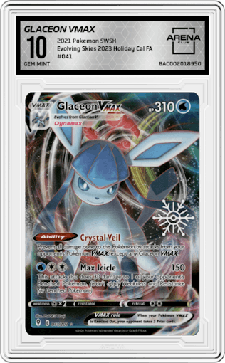Glaceon VMAX from the 2021 Pokemon SWSH set featuring a 2023 Holiday Calendar parallel graded by Arena Club and given an overall grade of 10.