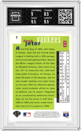 Derek Jeter from the 1995 Upper Deck Collector's Choice SE set graded by Arena Club and given an overall grade of 9.