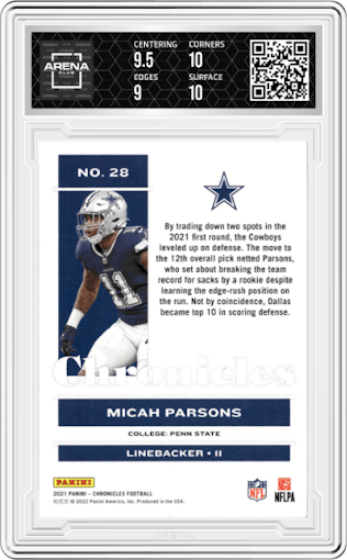 Micah Parsons from the 2021 Panini Chronicles set graded by Arena Club and given an overall grade of 9.5.