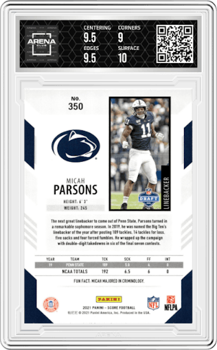 Micah Parsons from the 2021 Panini Score set graded by Arena Club and given an overall grade of 9.5.