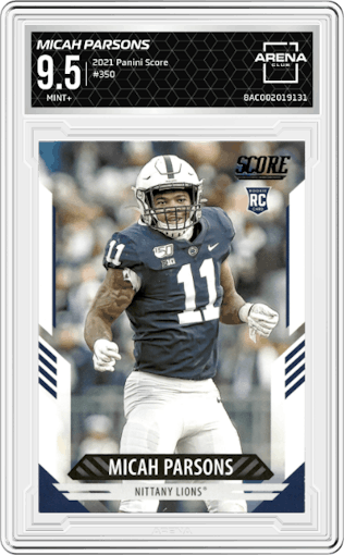 Micah Parsons from the 2021 Panini Score set graded by Arena Club and given an overall grade of 9.5.