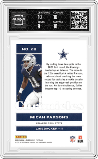 Micah Parsons from the 2021 Panini Chronicles set graded by Arena Club and given an overall grade of 9.5.