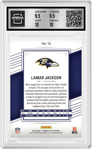 Lamar Jackson from the 2022 Panini Donruss Elite set featuring a Red parallel graded by Arena Club and given an overall grade of 10.