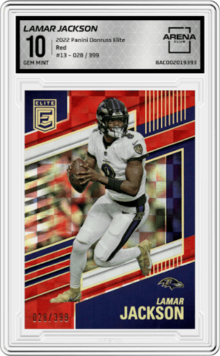 Lamar Jackson from the 2022 Panini Donruss Elite set featuring a Red parallel graded by Arena Club and given an overall grade of 10.