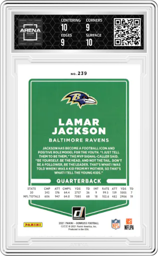 Lamar Jackson from the 2021 Panini Donruss set graded by Arena Club and given an overall grade of 9.5.