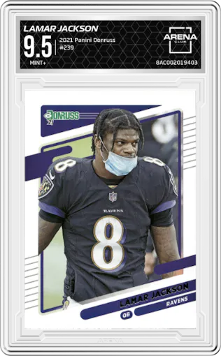 Lamar Jackson from the 2021 Panini Donruss set graded by Arena Club and given an overall grade of 9.5.