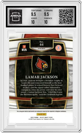 Lamar Jackson from the 2022 Panini Select Draft Picks set featuring a Gold Lazer parallel graded by Arena Club and given an overall grade of 10.