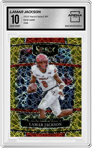 Lamar Jackson from the 2022 Panini Select Draft Picks set featuring a Gold Lazer parallel graded by Arena Club and given an overall grade of 10.