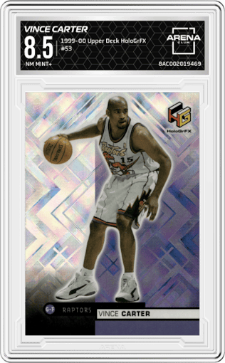 Vince Carter from the 1999-00 Upper Deck HoloGrFX set graded by Arena Club and given an overall grade of 8.5.