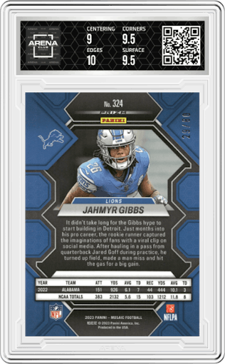  Jahmyr Gibbs from the 2023 Panini Mosaic set featuring a Choice Fusion Red & Yellow parallel graded by Arena Club and given an overall grade of 9.5.