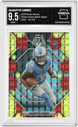  Jahmyr Gibbs from the 2023 Panini Mosaic set featuring a Choice Fusion Red & Yellow parallel graded by Arena Club and given an overall grade of 9.5.