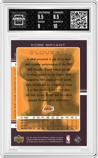 Kobe Bryant from the 2002-03 Upper Deck  set graded by Arena Club and given an overall grade of 9.