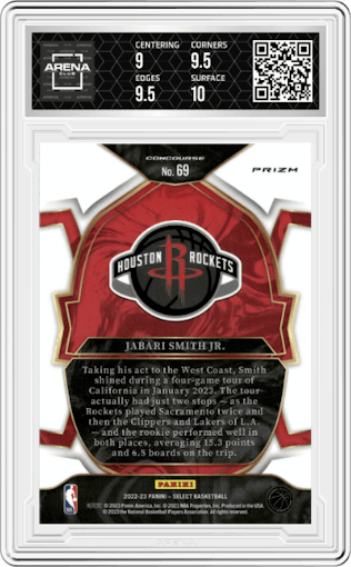 Jabari Smith Jr. from the 2022-23 Panini Select set featuring a Silver Prizm parallel graded by Arena Club and given an overall grade of 9.5.