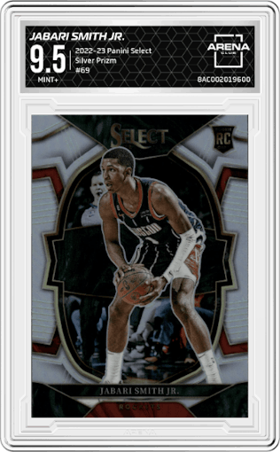 Jabari Smith Jr. from the 2022-23 Panini Select set featuring a Silver Prizm parallel graded by Arena Club and given an overall grade of 9.5.