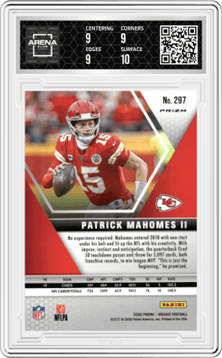 Patrick Mahomes II from the 2020 Panini Mosaic set featuring a Reactive Green parallel graded by Arena Club and given an overall grade of 9.5.