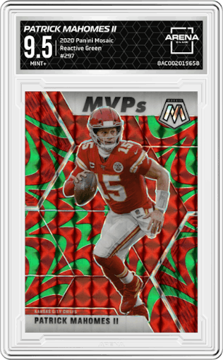 Patrick Mahomes II from the 2020 Panini Mosaic set featuring a Reactive Green parallel graded by Arena Club and given an overall grade of 9.5.