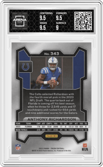 Anthony Richardson from the 2023 Panini Prizm set graded by Arena Club and given an overall grade of 9.5.