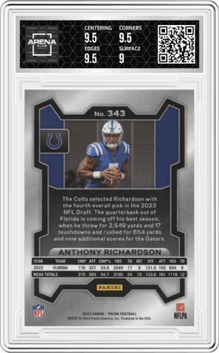 Anthony Richardson from the 2023 Panini Prizm set graded by Arena Club and given an overall grade of 9.5.