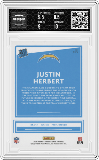 Justin Herbert from the 2020 Panini Donruss Optic set graded by Arena Club and given an overall grade of 9.