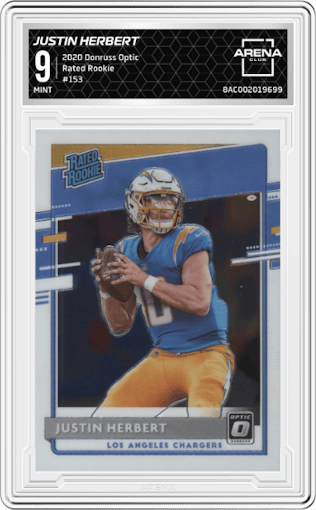 Justin Herbert from the 2020 Panini Donruss Optic set graded by Arena Club and given an overall grade of 9.