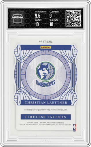 Christian Laettner from the 2020-21 Panini National Treasures set featuring a Bronze parallel graded by Arena Club and given an overall grade of 9.5.