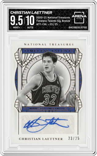 Christian Laettner from the 2020-21 Panini National Treasures set featuring a Bronze parallel graded by Arena Club and given an overall grade of 9.5.