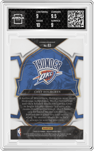 Chet Holmgren from the 2022-23 Panini Select set graded by Arena Club and given an overall grade of 9.5.