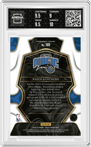 Paolo Banchero from the 2022-23 Panini Select set graded by Arena Club and given an overall grade of 9.5.
