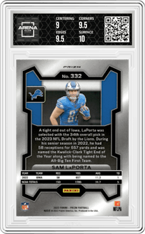 Sam LaPorta from the 2023 Panini Prizm set featuring a Silver Prizm parallel graded by Arena Club and given an overall grade of 9.5.