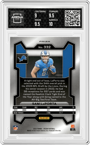 Sam LaPorta from the 2023 Panini Prizm set featuring a Silver Prizm parallel graded by Arena Club and given an overall grade of 9.5.