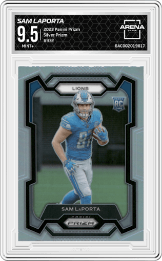 Sam LaPorta from the 2023 Panini Prizm set featuring a Silver Prizm parallel graded by Arena Club and given an overall grade of 9.5.