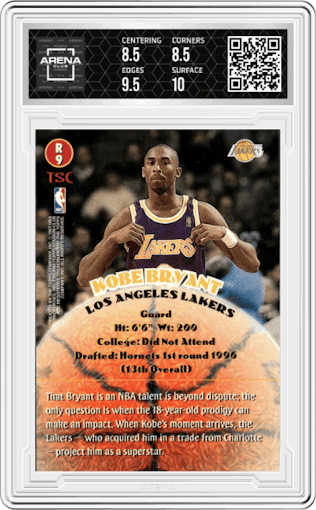 Kobe Bryant from the 1996-97 Topps Stadium Club set graded by Arena Club and given an overall grade of 9.