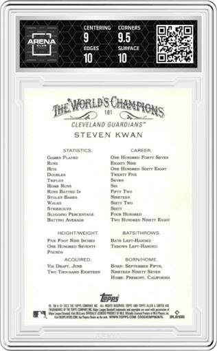 Steven Kwan from the 2023 Topps Allen & Ginter set graded by Arena Club and given an overall grade of 9.5.