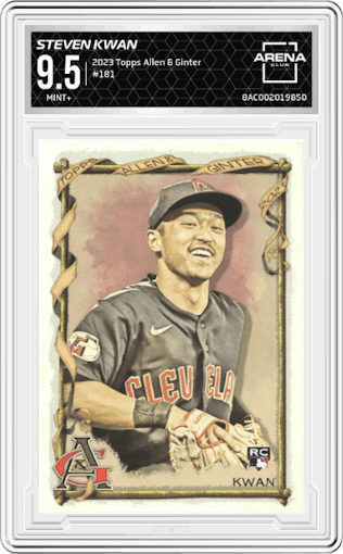 Steven Kwan from the 2023 Topps Allen & Ginter set graded by Arena Club and given an overall grade of 9.5.