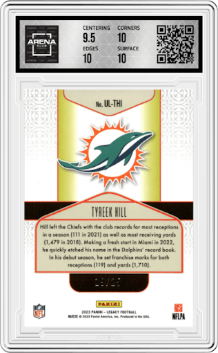 Tyreek Hill from the 2023 Panini Legacy set featuring a Yellow Diamond parallel graded by Arena Club and given an overall grade of 10.