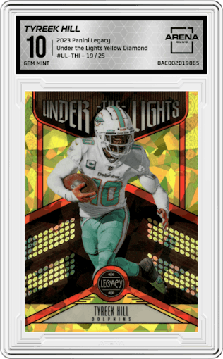 Tyreek Hill from the 2023 Panini Legacy set featuring a Yellow Diamond parallel graded by Arena Club and given an overall grade of 10.