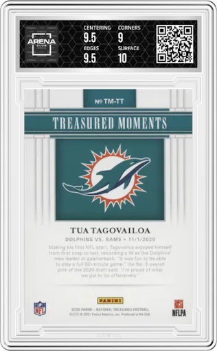 Tua Tagovailoa from the 2020 Panini National Treasures set graded by Arena Club and given an overall grade of 9.5.