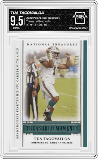 Tua Tagovailoa from the 2020 Panini National Treasures set graded by Arena Club and given an overall grade of 9.5.