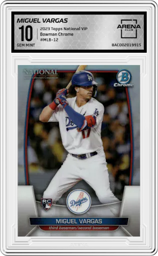 Miguel Vargas from the 2023 Topps The National VIP set graded by Arena Club and given an overall grade of 10.